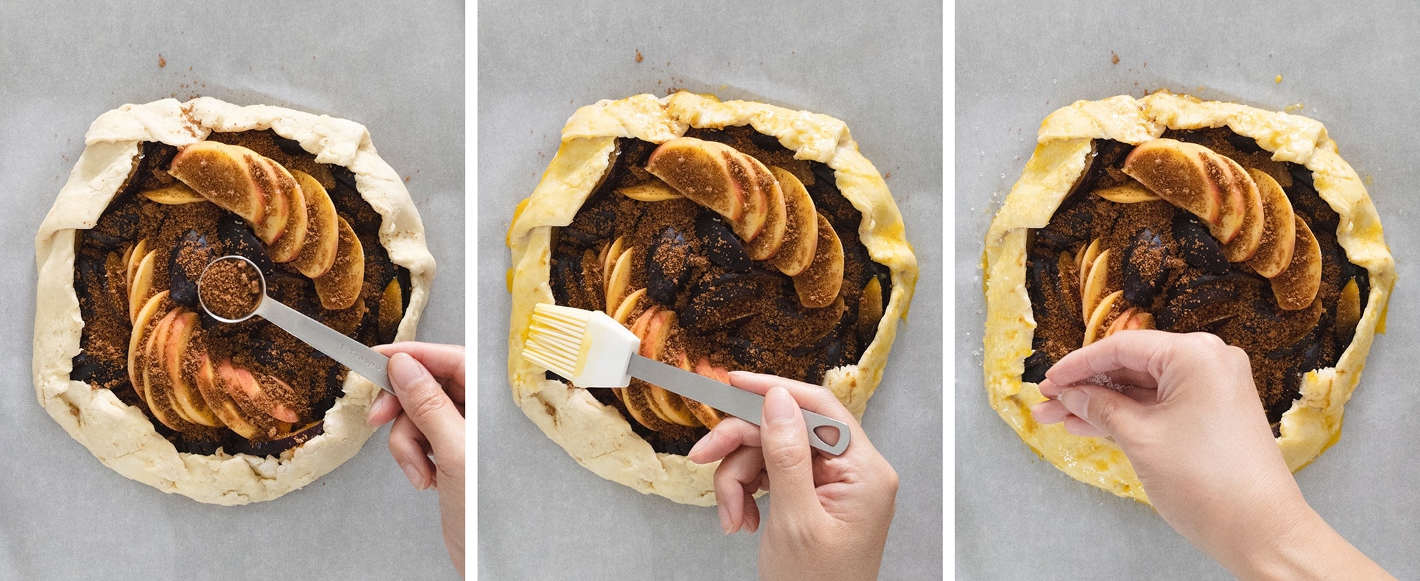 Brushing egg wash and sprinkling sugar on to galette crust