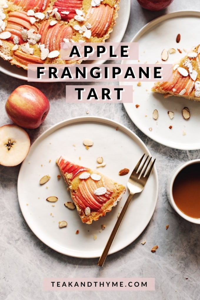 slices of frangipane tart on plates with apples