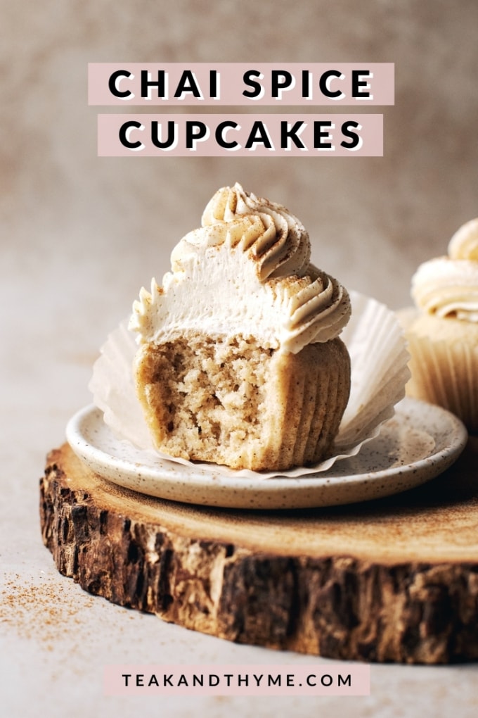 chai spice cupcake with a bite taken out of it