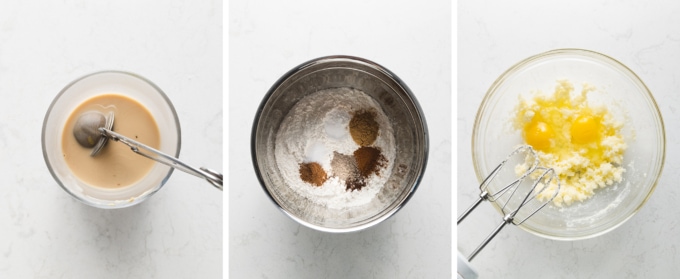 infusing milk with black tea and mixing cake batter