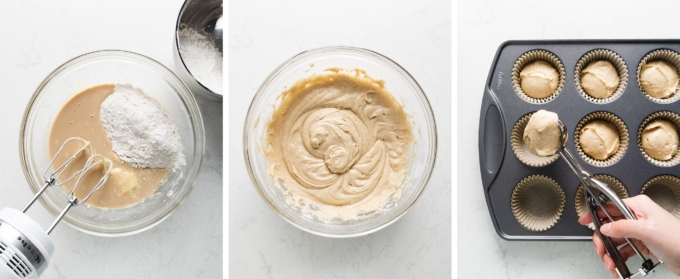 mixing cupcake batter and scooping it into cupcake pan