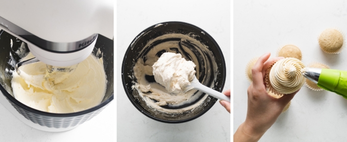 whipping and piping chai spiced buttercream onto cupcakes