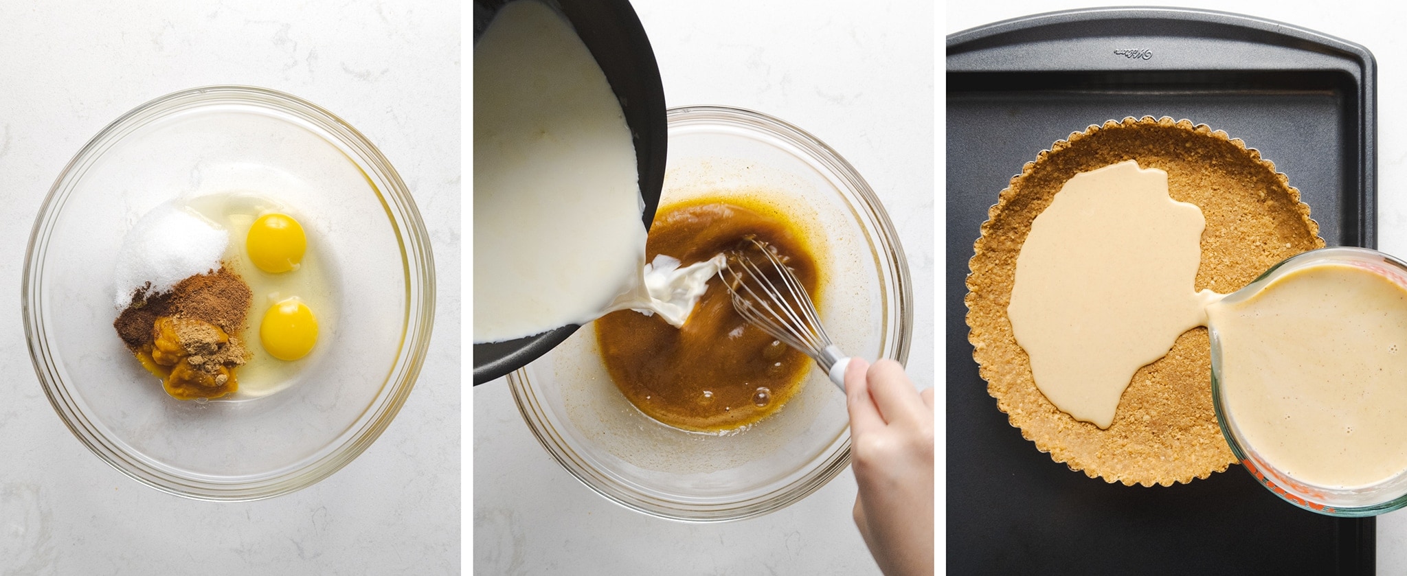 mixing pumpkin crème brûlée and pouring into tart shell