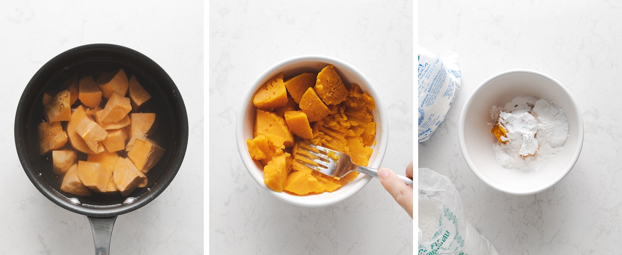 Boiling sweet potato to make a purรฉe and adding tapioca starch and glutinous rice flour to make dough