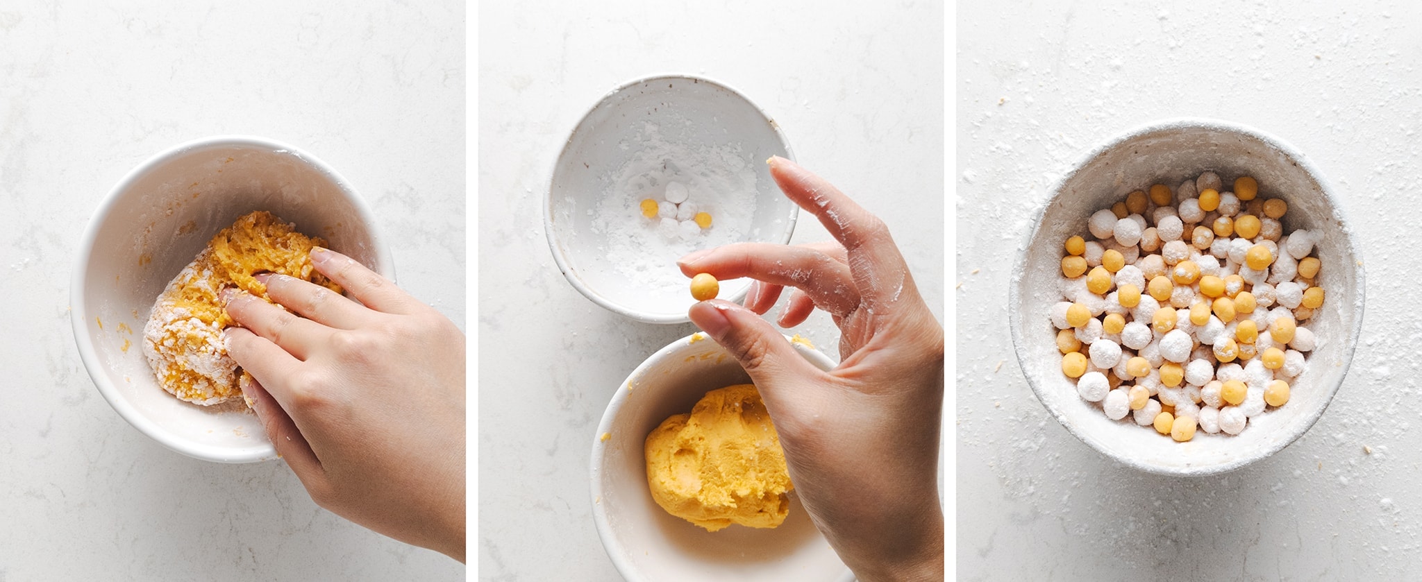 Rolling sweet potato boba pearls by hand