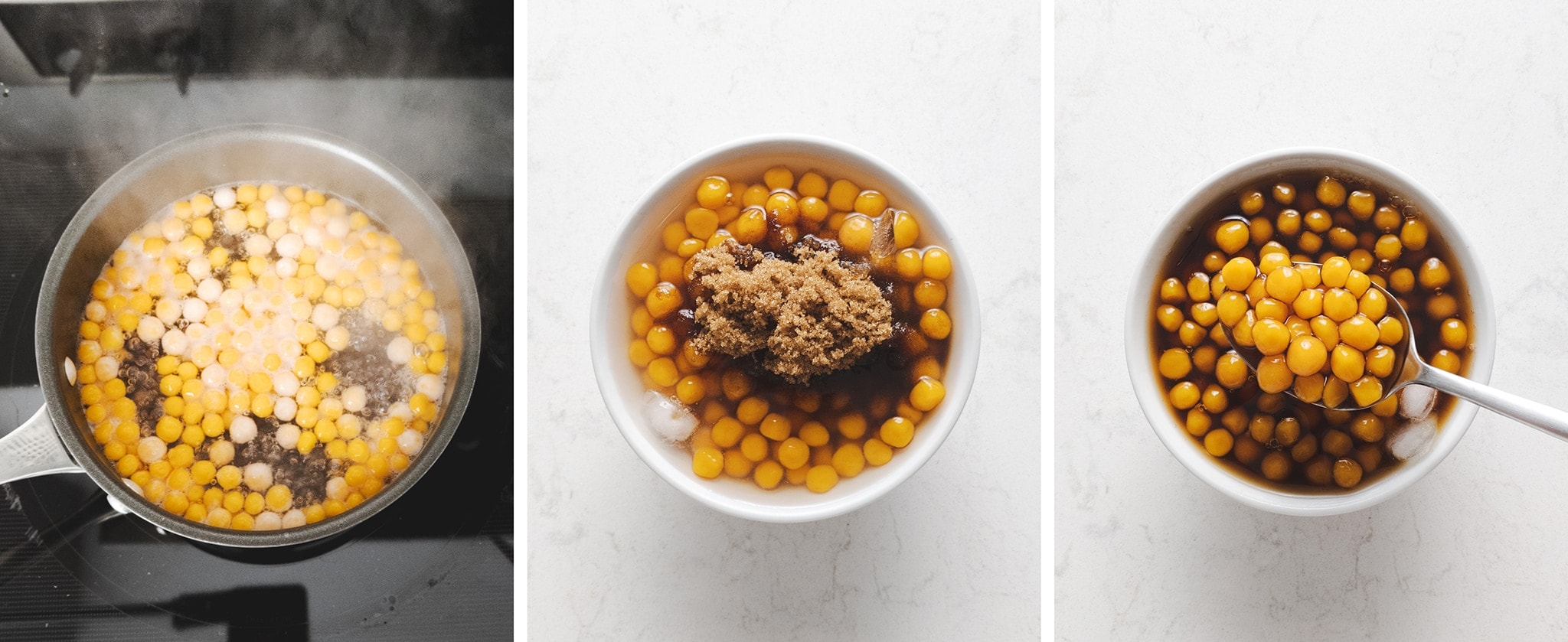 Hand rolled sweet potato boba pearls after cooking