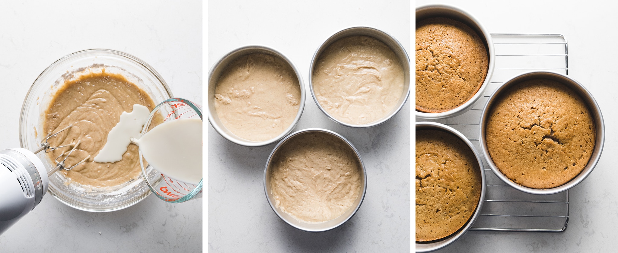 cake batter and baked cakes in cake pans