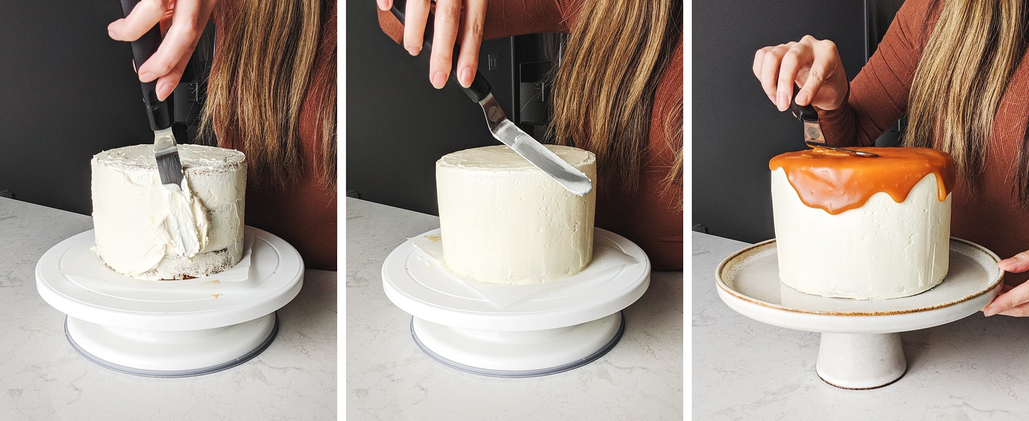 frosting cake with buttercream and caramel drips