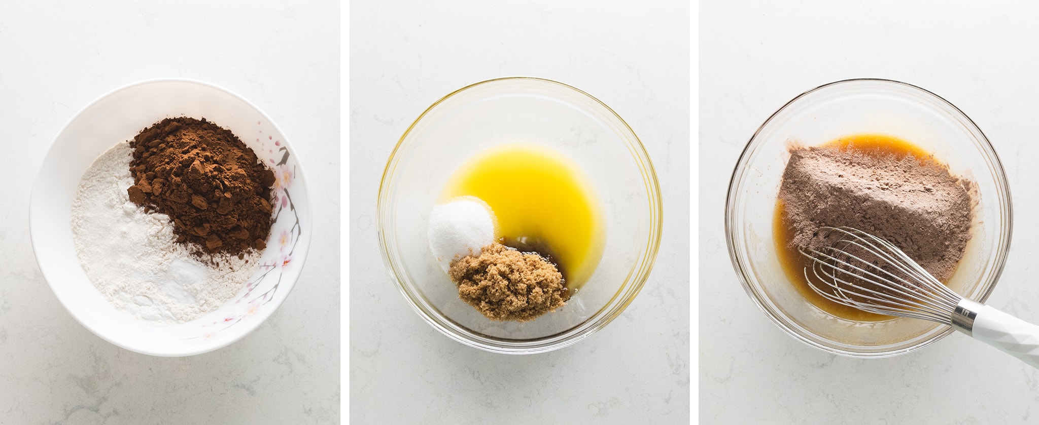 mixing chocolate cake batter in a bowl