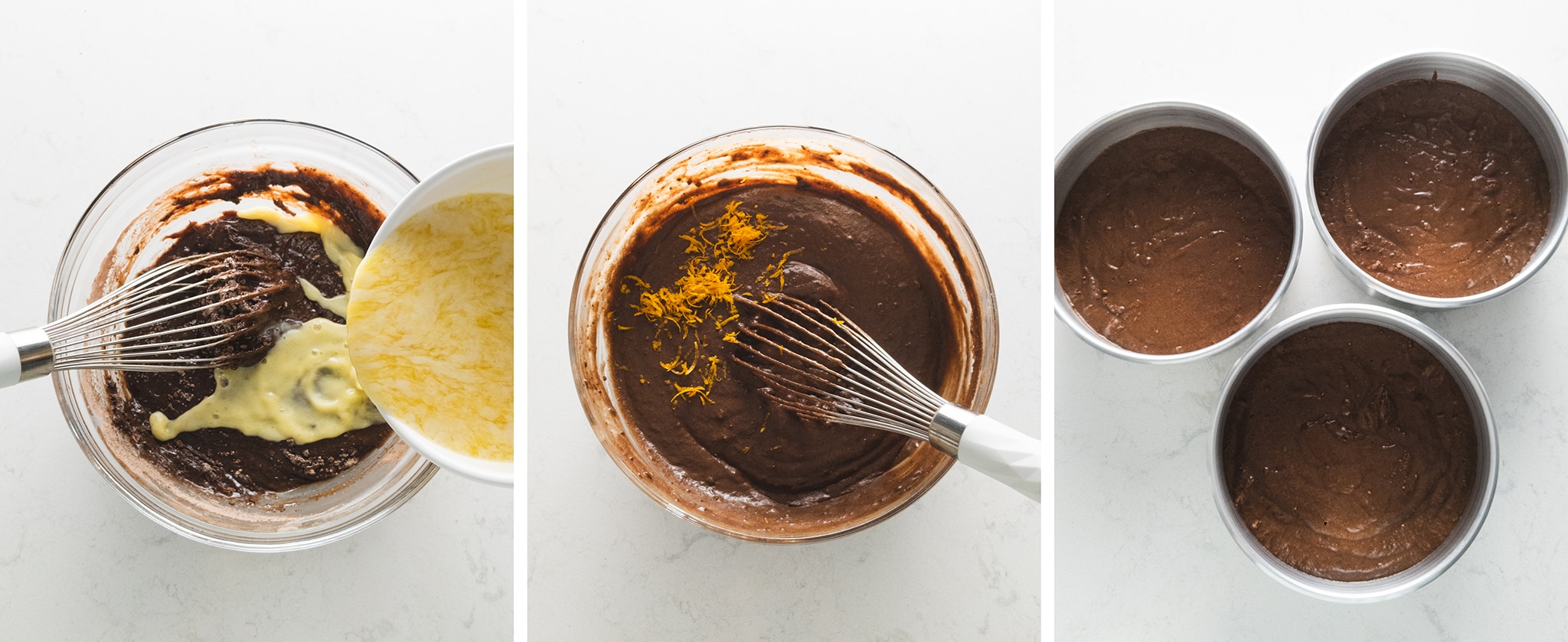 mixing chocolate orange cake batter in a bowl
