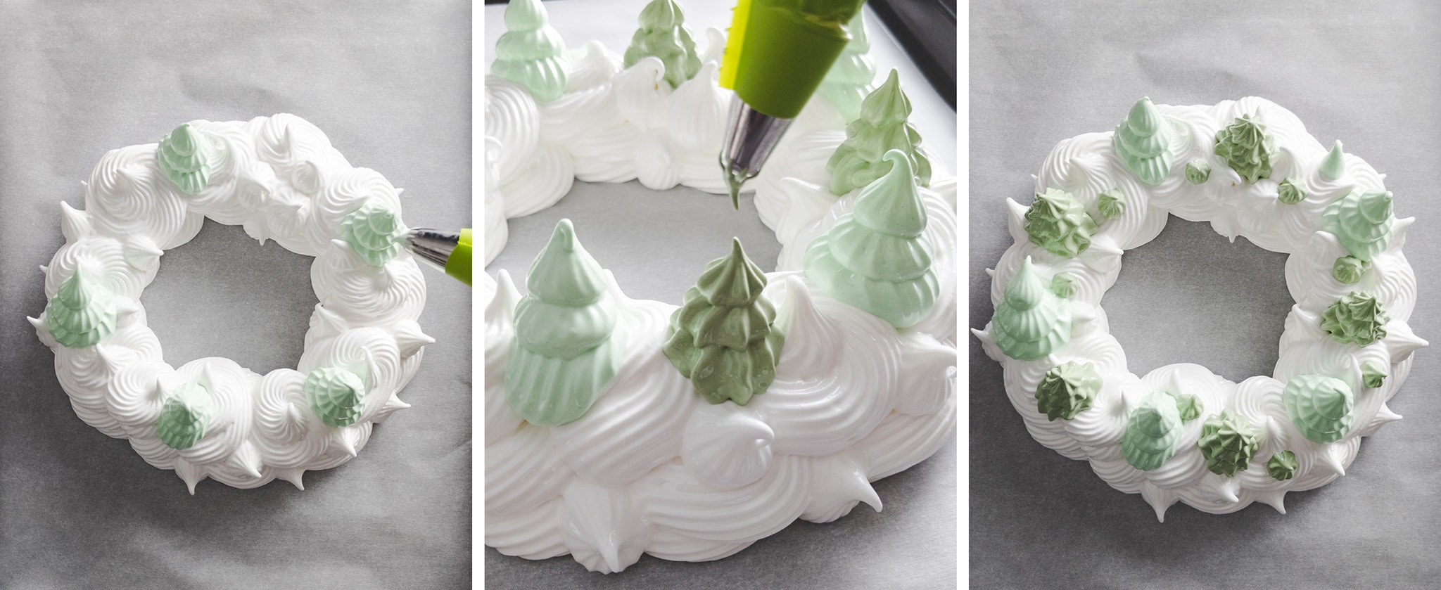 piping green meringue trees on top of pavlova