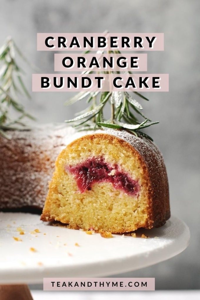 close up of cranberry sauce filling in the middle of orange bundt cake