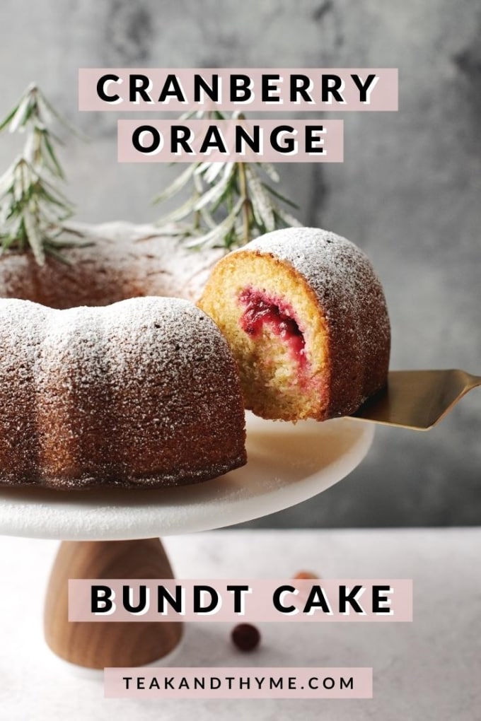 a slice of cranberry orange bundt cake lifted by cake server