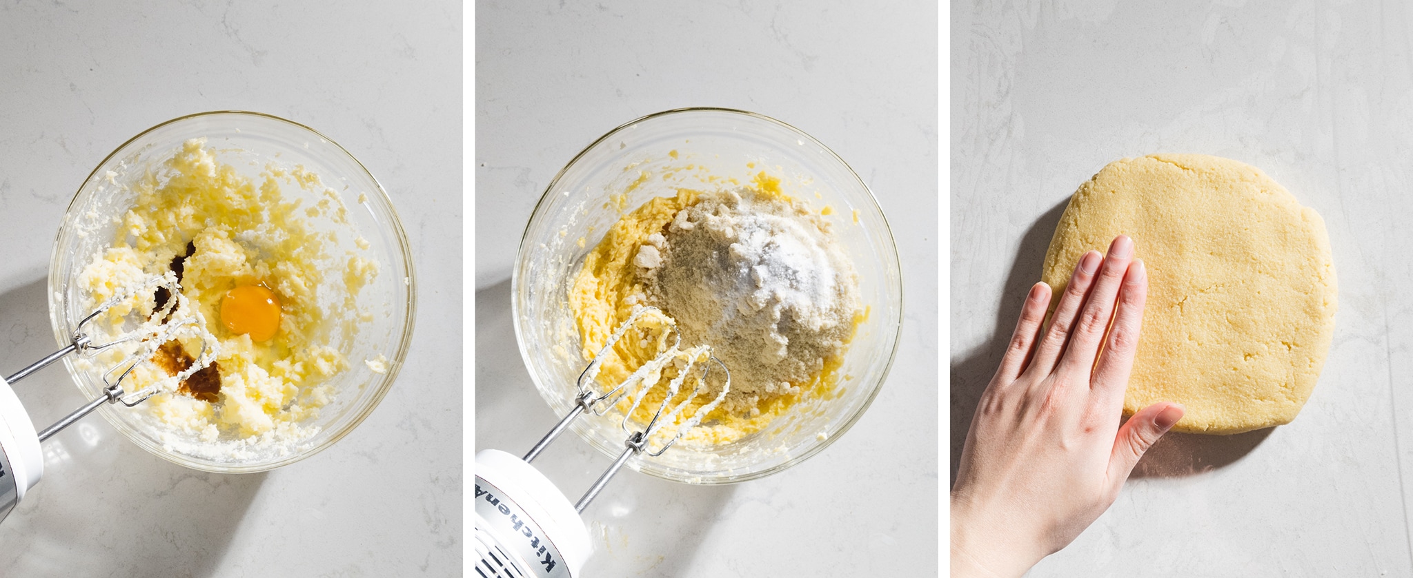 mixing sugar cookie dough and pressing into a disc