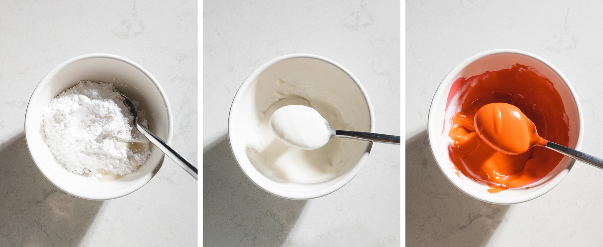 mixing simple icing and adding red gel food colouring