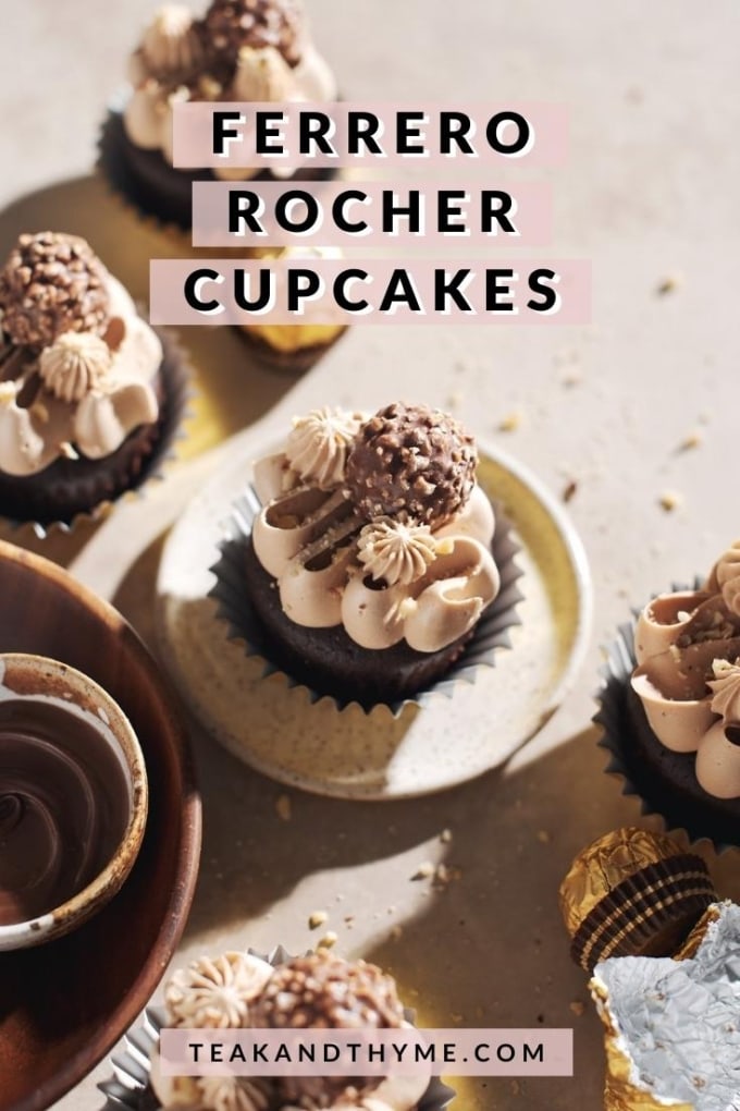 ferrero rocher cupcake on plate topped with chocolate buttercream