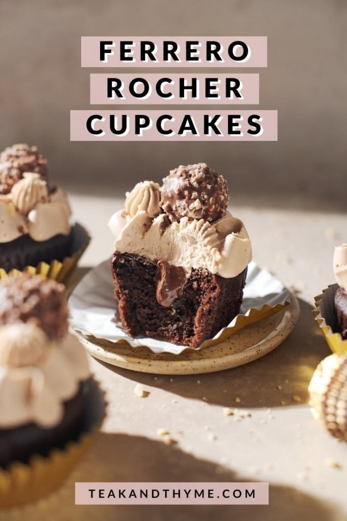 ferrero rocher cupcake cut in half to show hazelnut nutella filling inside