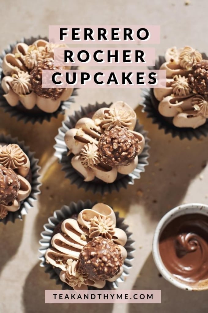 several ferrero rocher cupcakes in cupcake liners