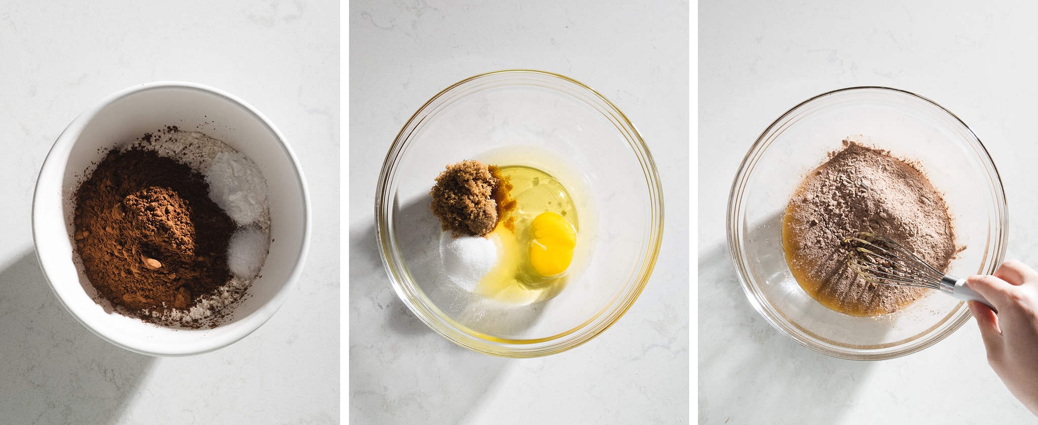 mixing chocolate cupcake batter in a bowl