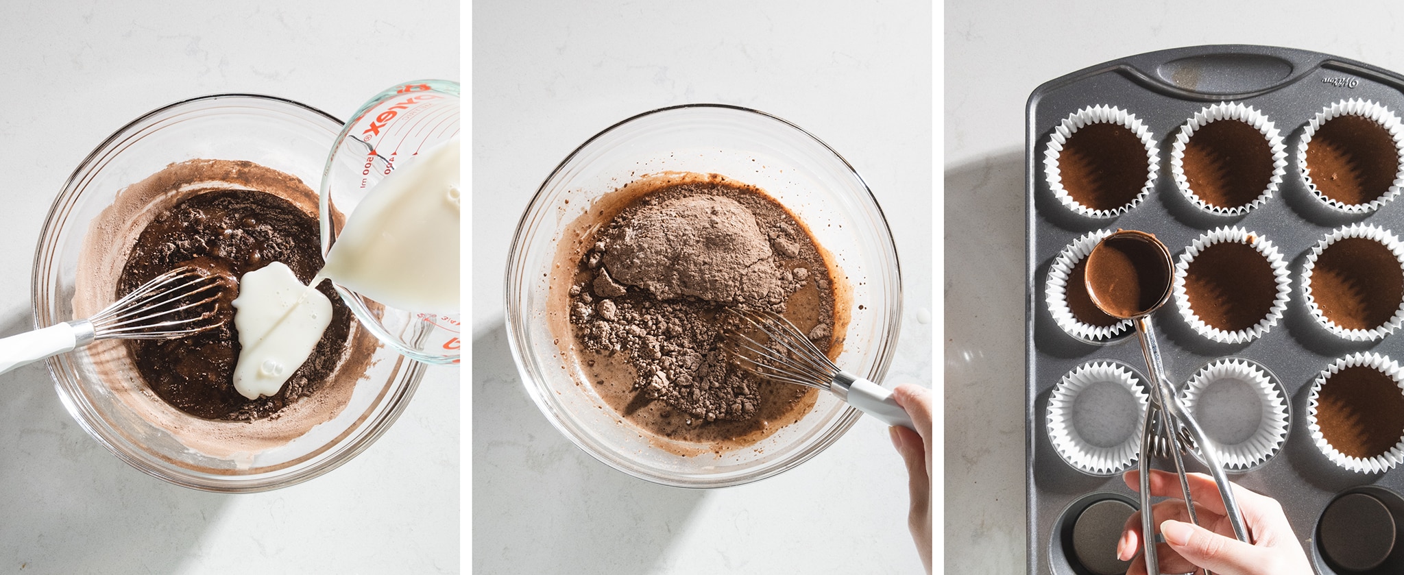 mixing chocolate cupcake batter and dividing into cupcake liners