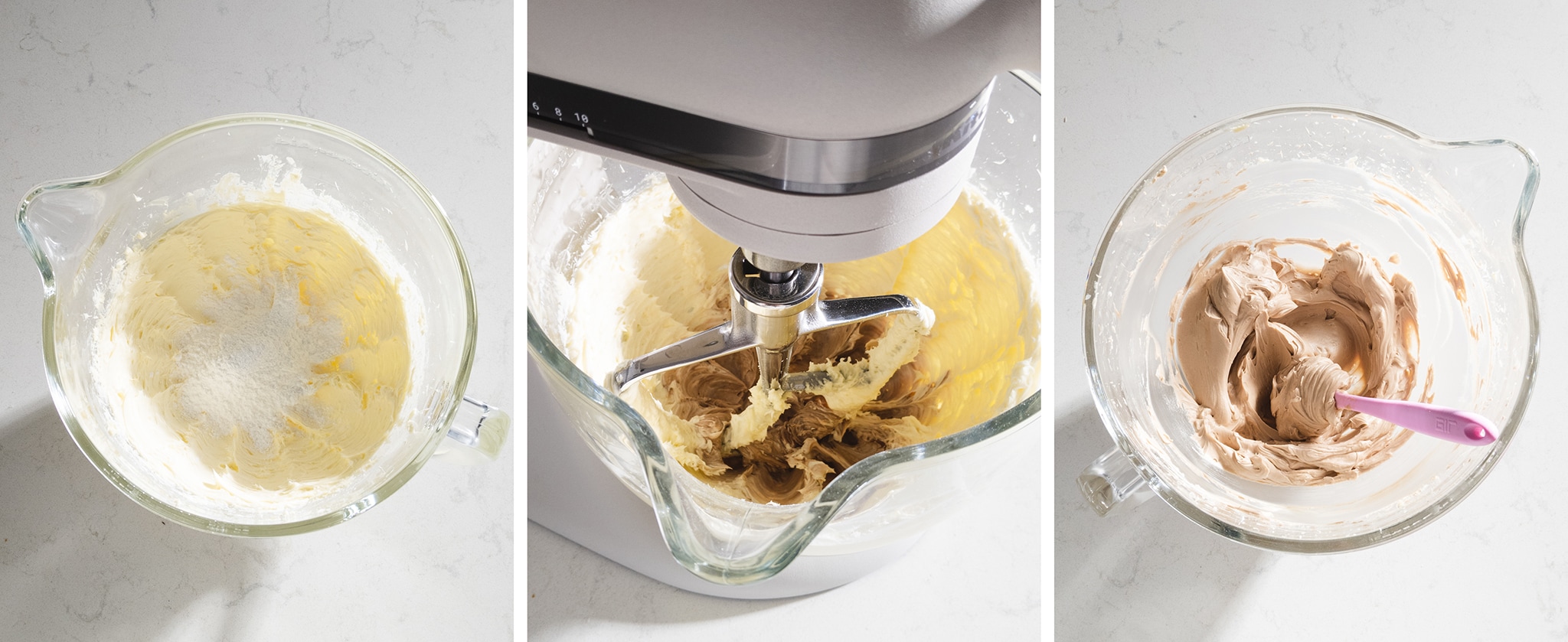 mixing chocolate buttercream frosting in stand mixer