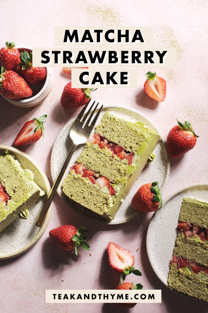 slice of slices of matcha cake with layers of strawberries
