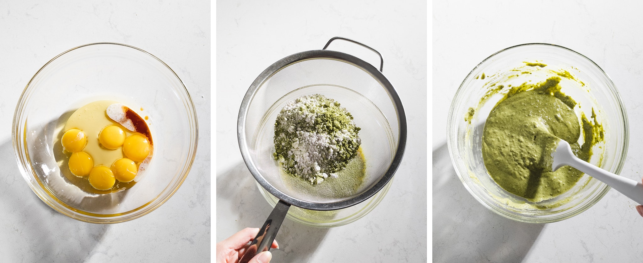 mixing matcha cake batter in a bowl
