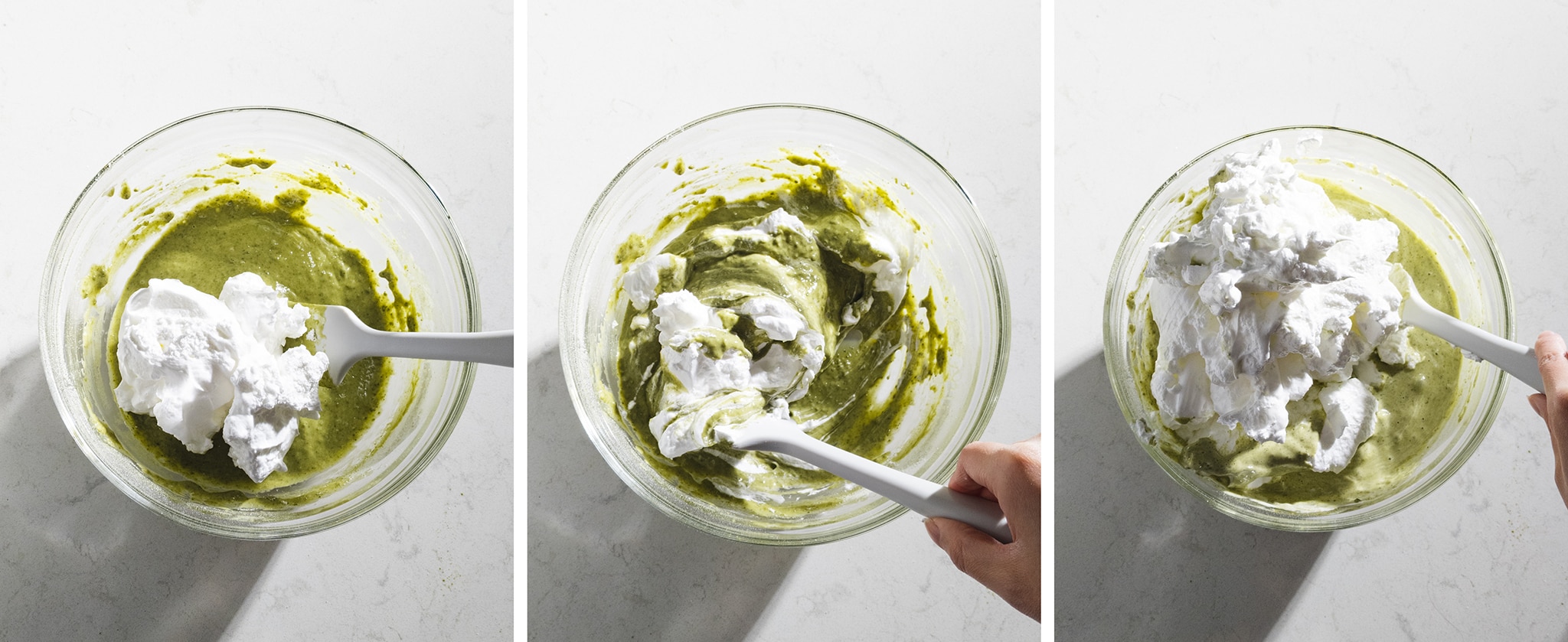 folding meringue into matcha cake batter