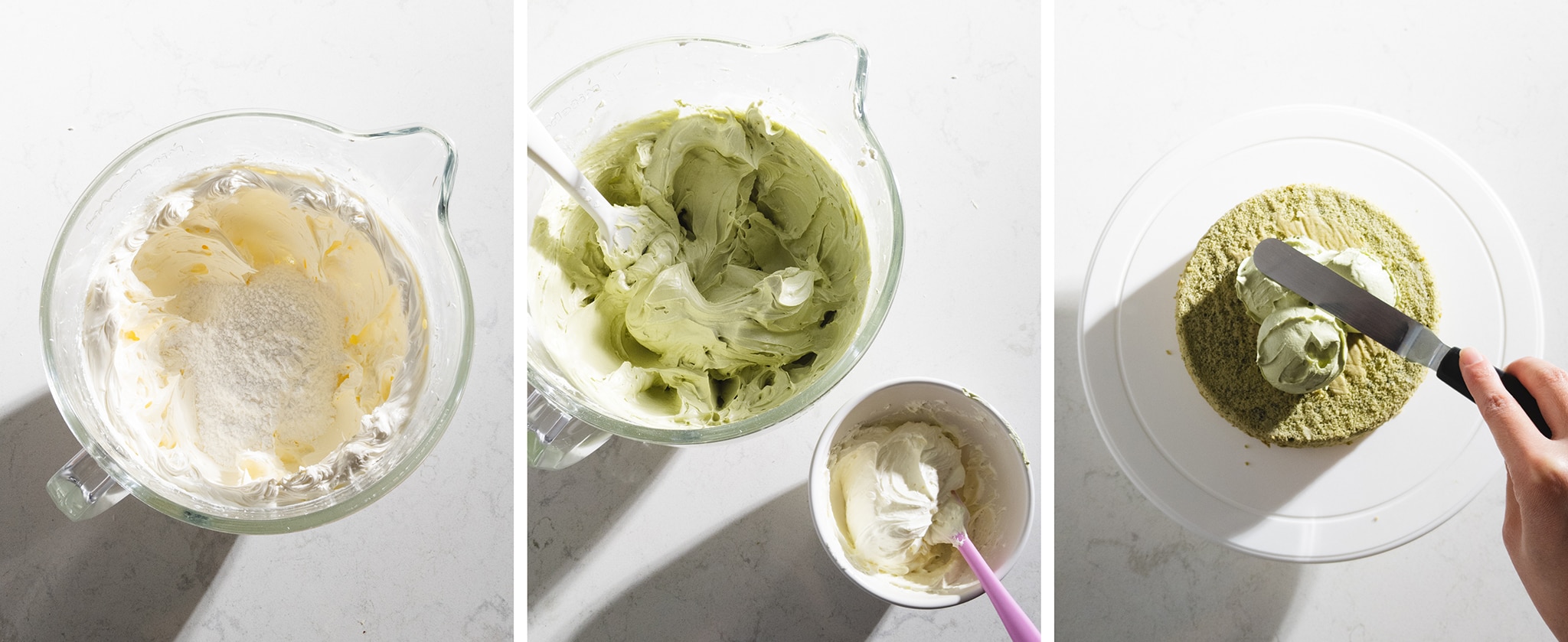 buttercream in bowls and on cake
