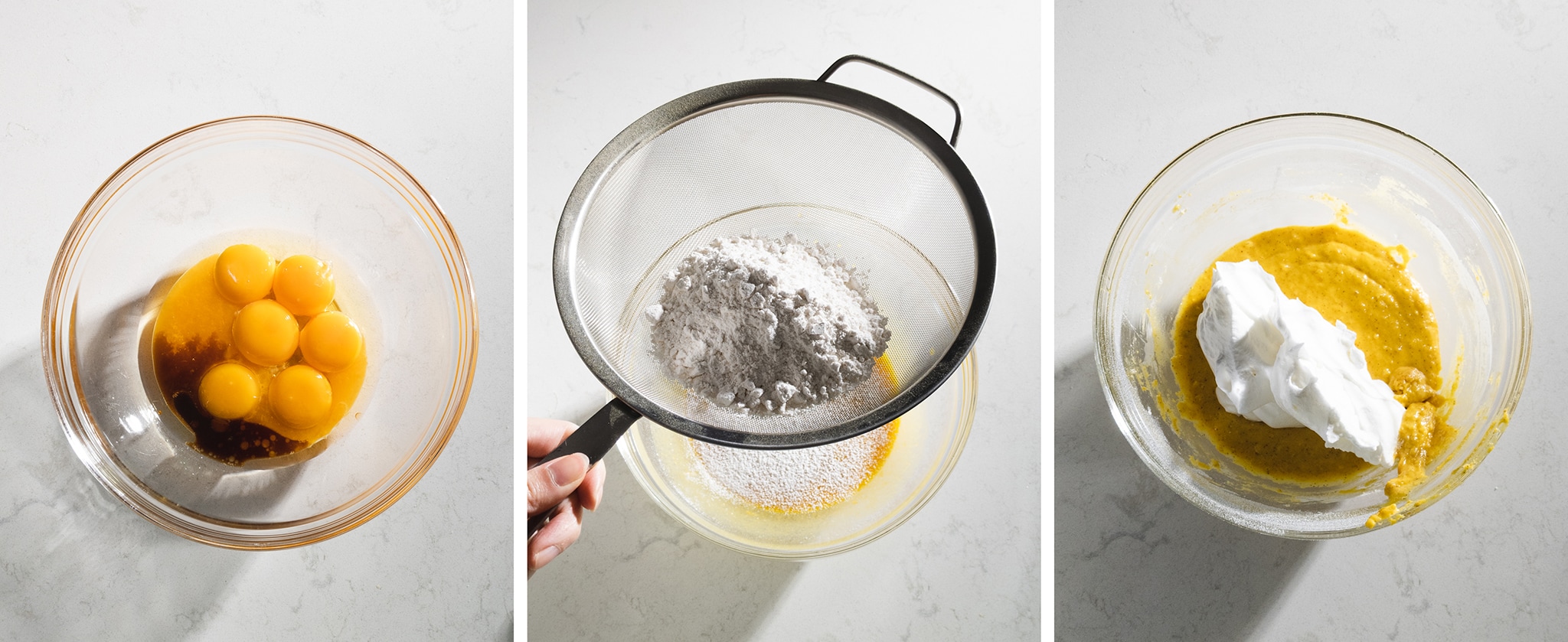 mixing and sifting flour into egg mixture