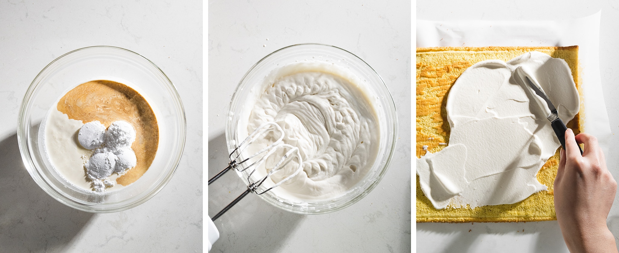 spreading whipped cream onto orange sponge cake