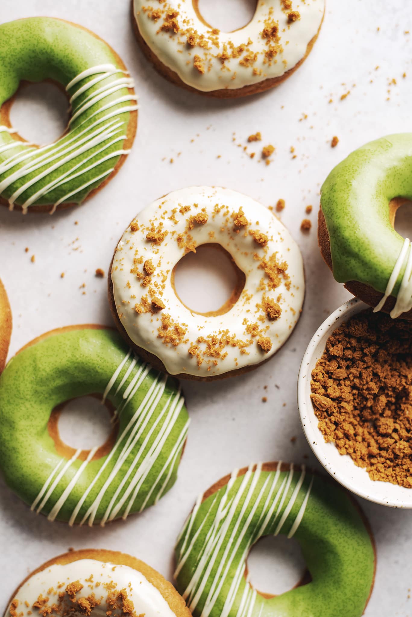Overhead view of baked mochi donuts.