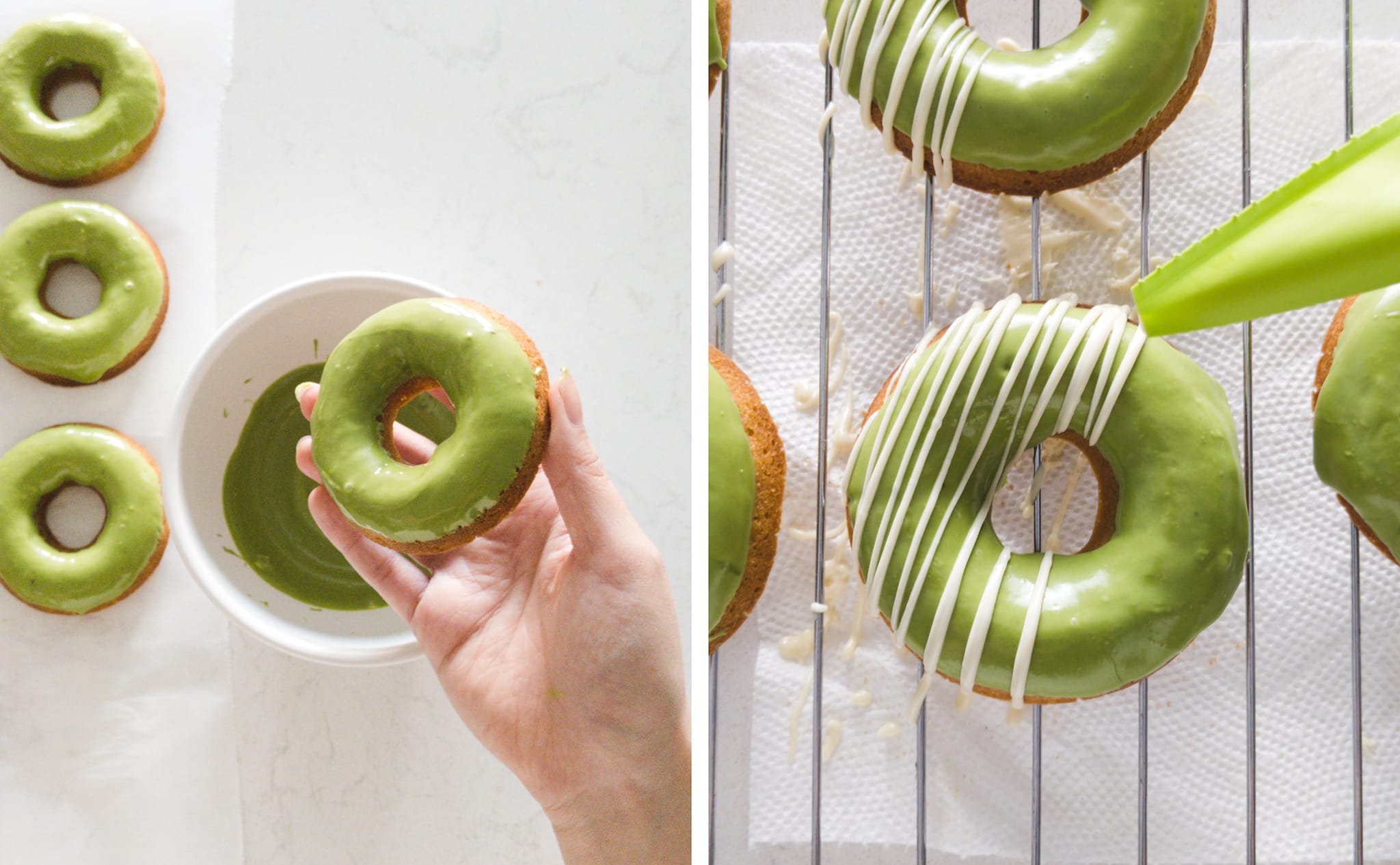 Glazing mochi donuts with matcha white chocolate.