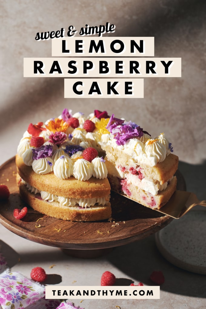 A slice of cake lifted from a lemon raspberry cake.