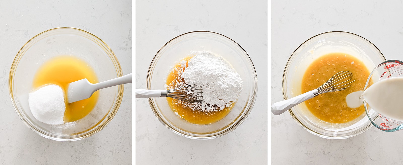 Mixing cake batter in a bowl.