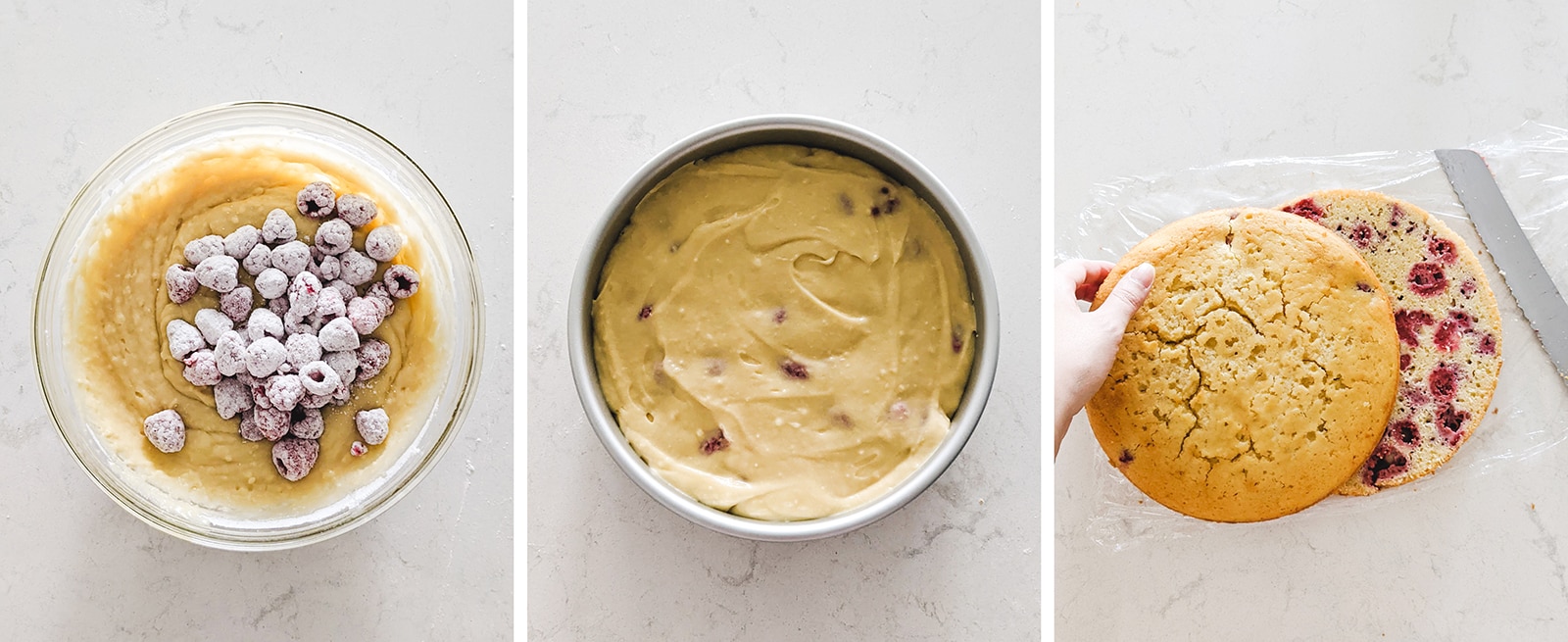 Mixing raspberries into cake batter and baked cake layers.