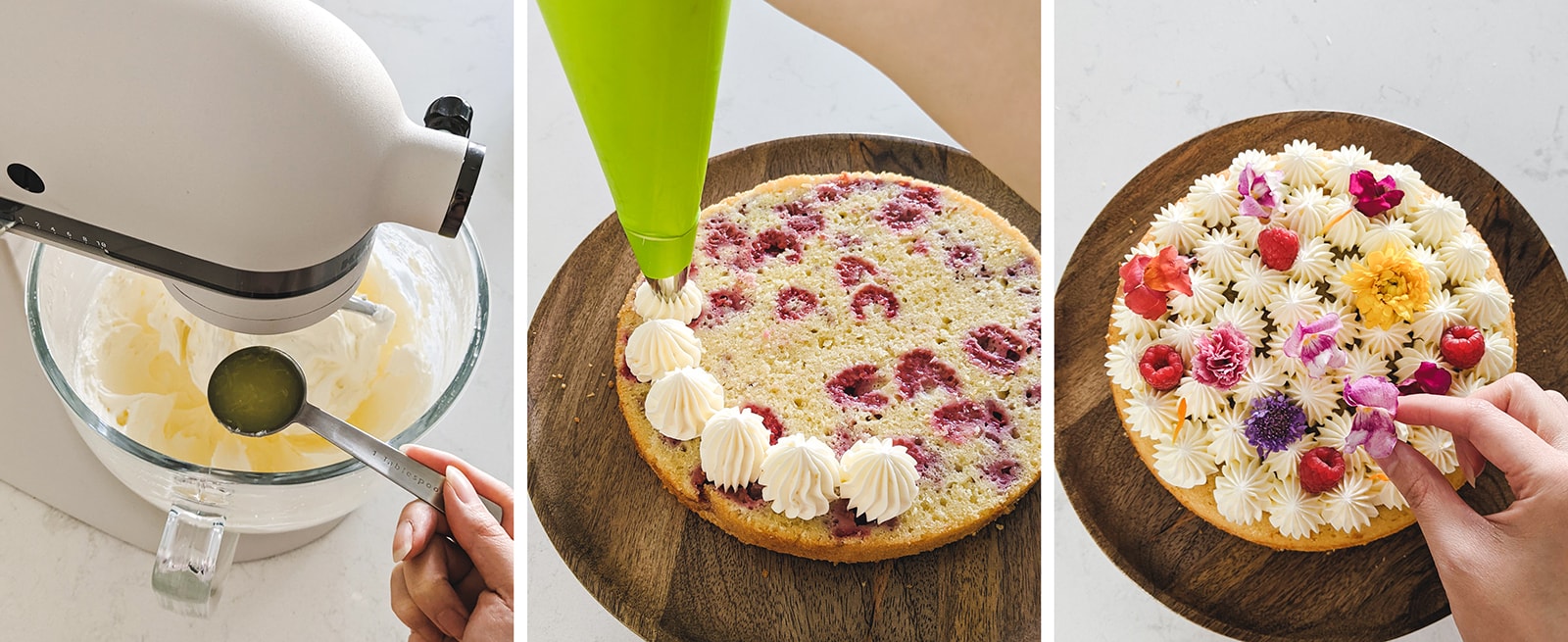 Making and piping lemon buttercream on to raspberry cake.