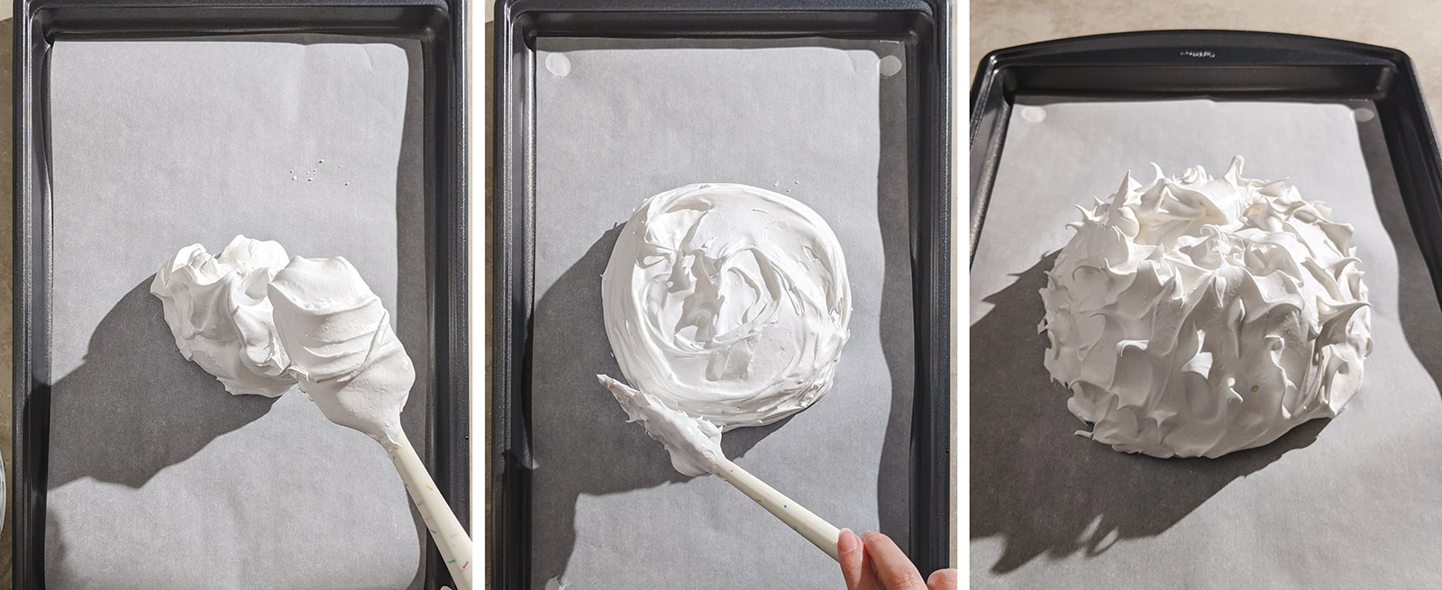 shaping pavlova on a baking sheet
