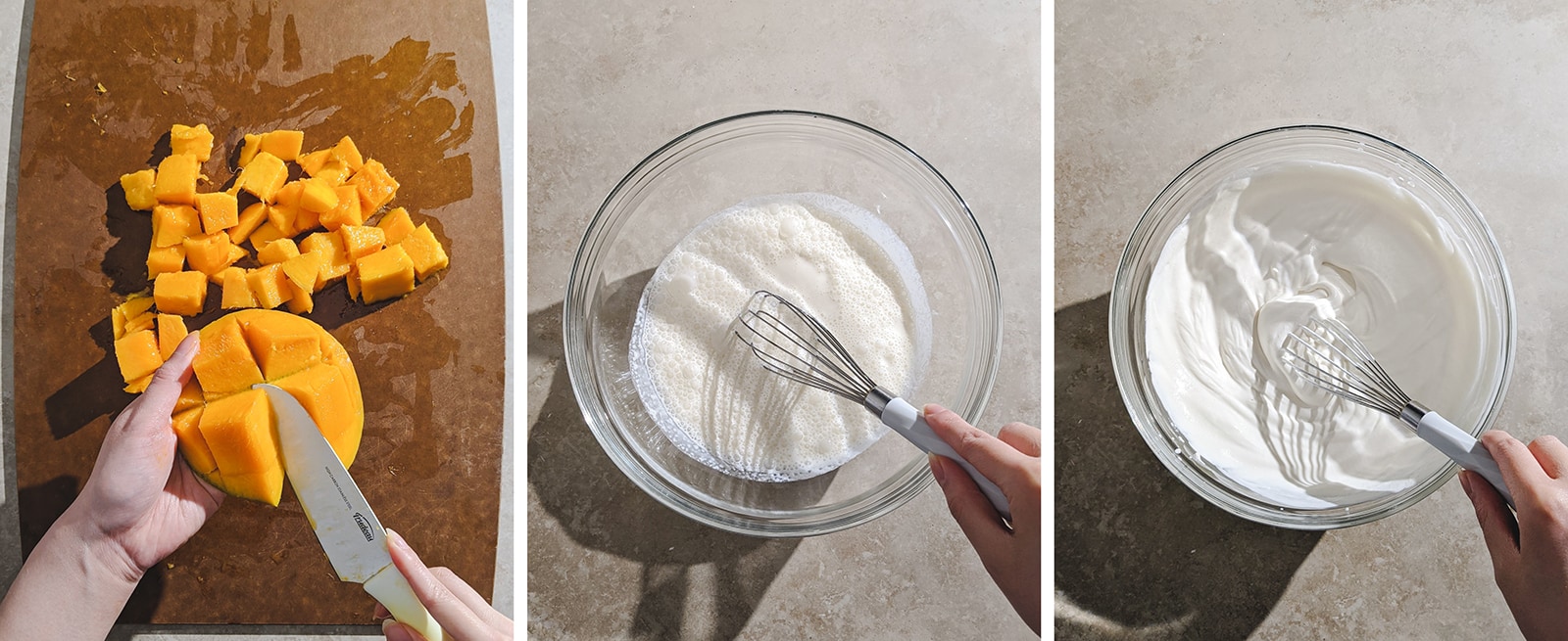 dicing mangoes and making whipped cream