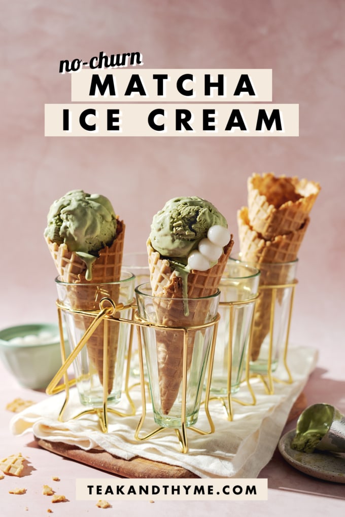 two scoops of matcha ice cream in waffle cones