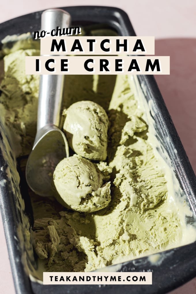 scoops of matcha ice cream in a tin