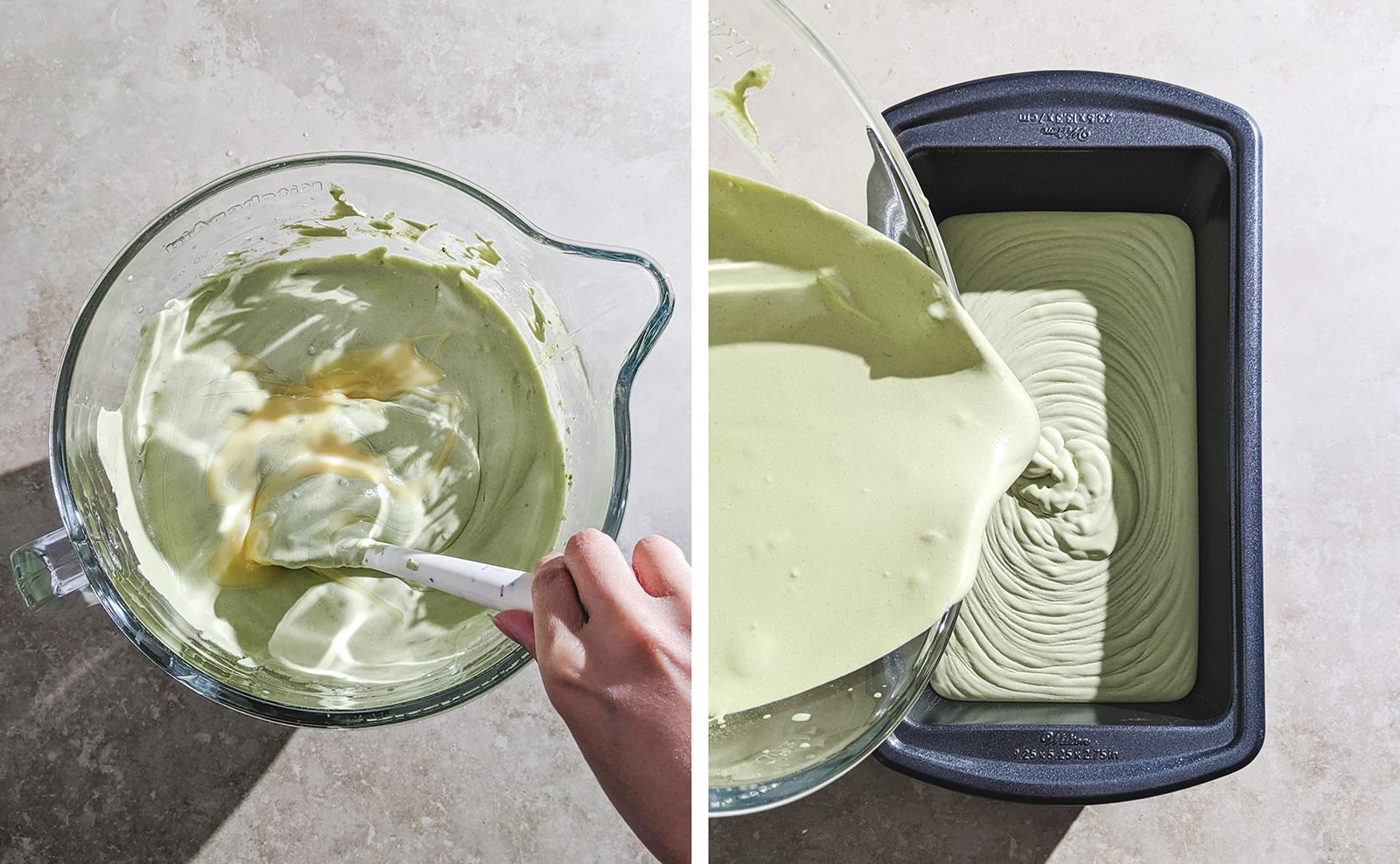 mixing condensed milk into whipped cream and pouring it into a tin