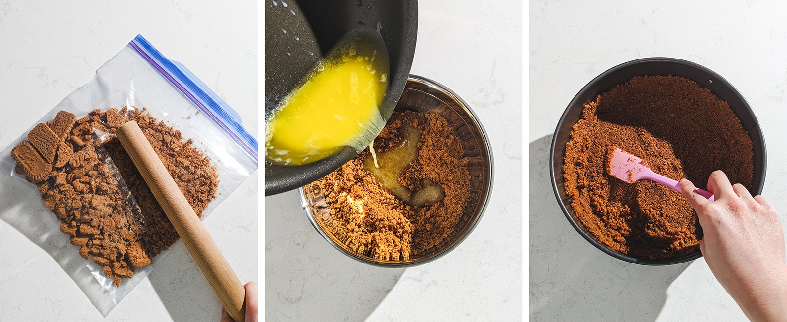 3 image collage of crushing, mixing, and pressing a Lotus biscuit crust into a pan.