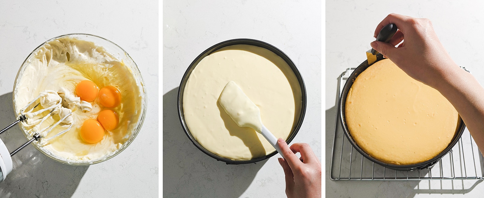 3 image collage of filling springform pan with cheesecake batter and the cheesecake after baking.