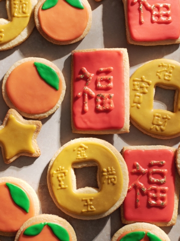 chinese new year cookies decorated as red envelopes, mandarin oranges, and coins