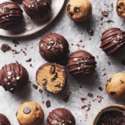 chocolate chip cookie dough bites coated with chocolate