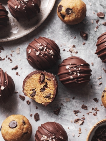 chocolate chip cookie dough bites coated with chocolate