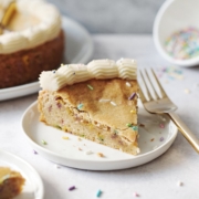 A slice of cookie cake on a plate