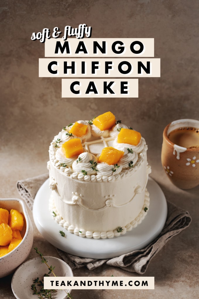 Mango chiffon cake sitting on a white plate with text overlay that says โsoft & fluffy mango chiffon cakeโ.