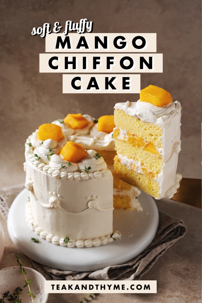 A slice of mango chiffon cake lifted form the cake with text overlay that says โsoft & fluffy mango chiffon cakeโ.